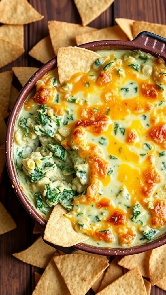 Creamy spinach and artichoke dip in a baking dish with tortilla chips on the side.